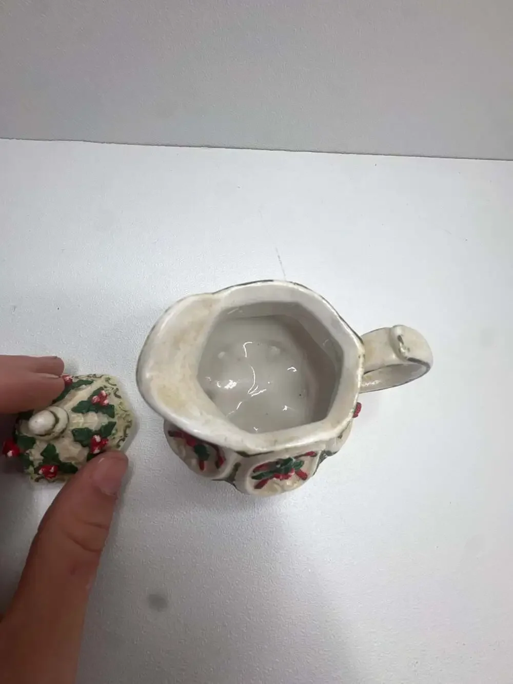 Christmas Holiday Holly and Candy Cane Embossed Ceramic Creamer with Lid